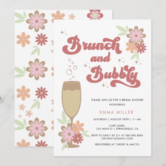 Invitation Brunch floral rétro et Fête des mariées bulle (Devant / Derrière)