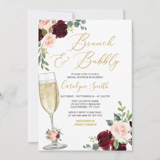 Invitation Brunch Floral Rose Et Fête des mariées Bubbly (Devant)