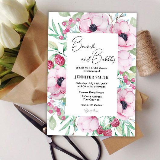 Invitation Brunch floral rose et Fête des mariées mousseuse