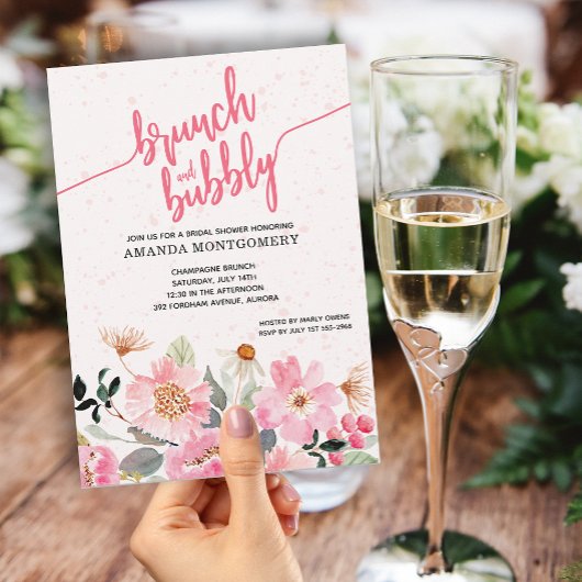 Invitation Brunch floral rose et Fête des mariées mousseuse