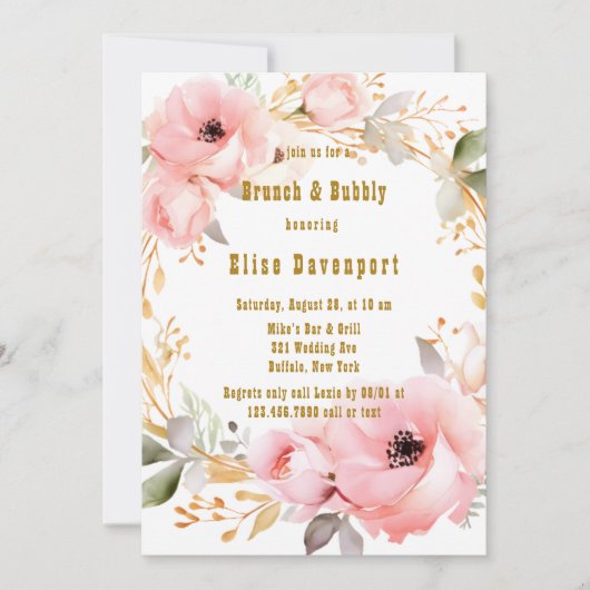 Invitation Brunch floral rose et or & bulle (Devant)