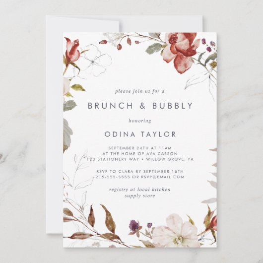 Invitation Brunch floral simple et Fête des mariées mousseuse (Devant)