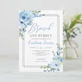 Invitation Brunch géométrique bleu glacé floral argent et mou (Debout devant)