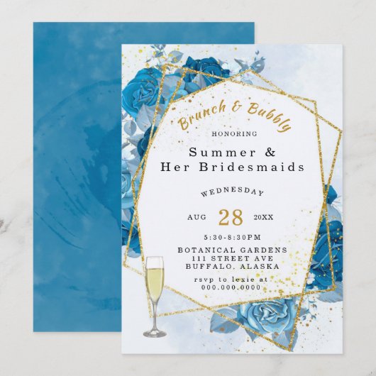 Invitation Brunch géométrique Cyan Blue Gold et Bubbly (Devant / Derrière)