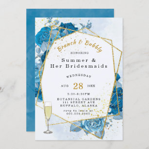 Invitation Brunch géométrique Cyan Blue Gold et Bubbly
