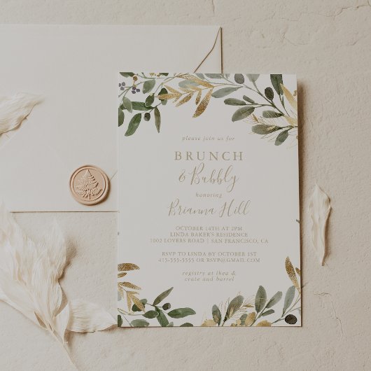 Invitation Brunch Gold Greenery et Fête des mariées Bubbly