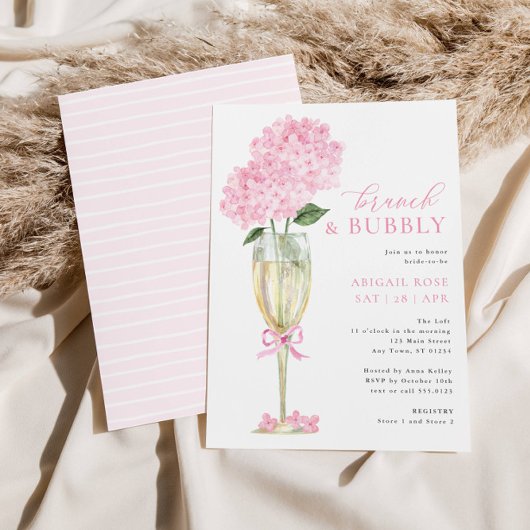 Invitation Brunch Hydrangea rose et verre champagne Bubbly