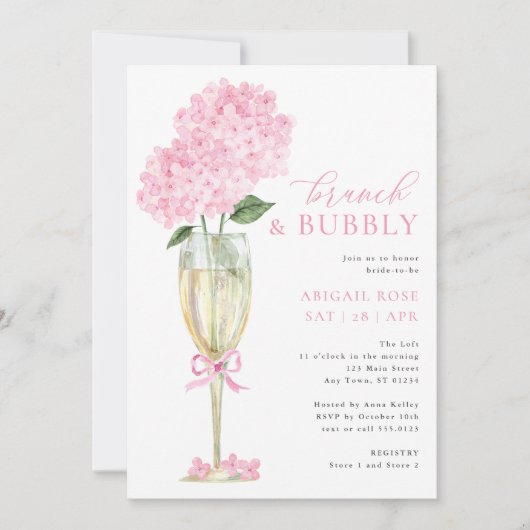 Invitation Brunch Hydrangea rose et verre champagne Bubbly (Devant)