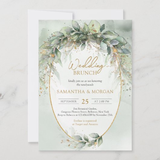 Invitation Brunch mariage boho eucalyptus vert or tendance (Devant)
