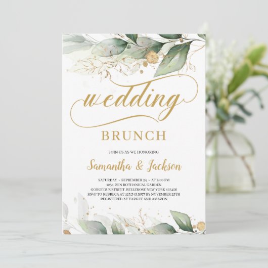 Invitation Brunch mariage feuille à l'eucalyptus vert (Debout devant)