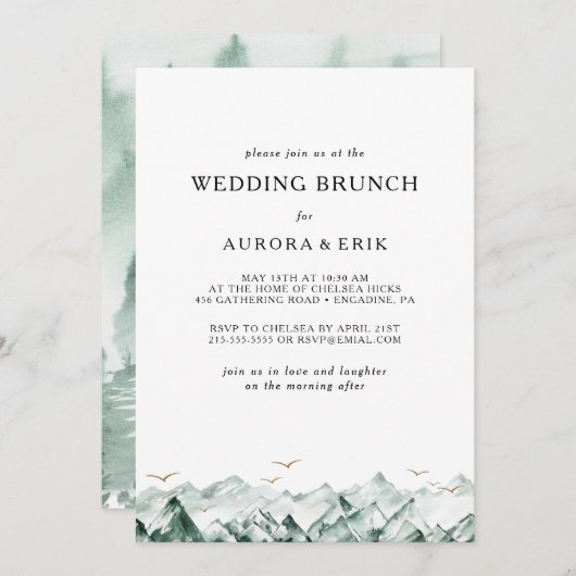 Invitation Brunch Mariage Green et Gold Mountain (Devant / Derrière)