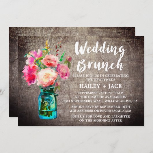 Invitation Brunch Mariage rustique Mason Jar et Flower Bouque (Devant / Derrière)