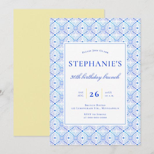 Invitation Brunch moderne Bleu Carreaux portugais 30e anniver (Devant / Derrière)