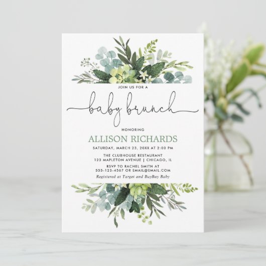 Invitation Brunch neutre de bébé de feuillage de verdure de (Debout devant)