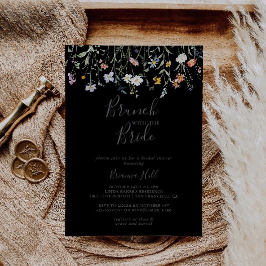 Invitation Brunch noir floral sauvage avec douche de mariée