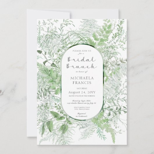 Invitation Brunch nuptial blanc feuillage vert de foune rusti (Devant)
