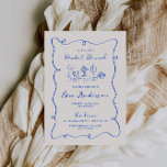 Invitation Brunch nuptial bleu Cobalt<br><div class="desc">Célébrez les noces à venir de votre future mariée préférée en style avec nos invitations brunes bleues ironiques et fantaisistes ! Cette invitation présente une illustration dessinée à la main d'une scène de brunch dans un style amusant et ludique avec un cadre escarpé qui l'entoure, accompagnée d'une police manuscrite décontractée...</div>