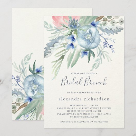 Invitation Brunch nuptial bleu et rose Peony (Devant / Derrière)