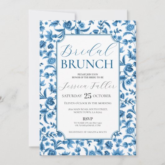 Invitation Brunch nuptial Chintz bleu & blanc Floral Ditsy (Devant)