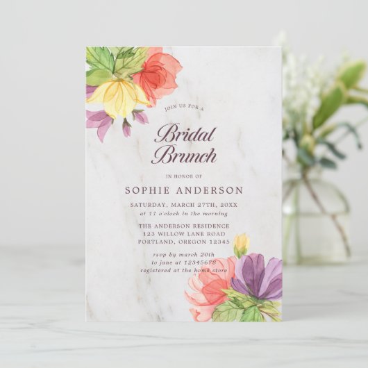 Invitation Brunch nuptial en marbre en fleurs (Debout devant)