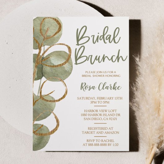 Invitation Brunch nuptial Eucalyptus vert et Gold Foil