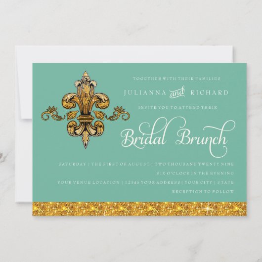Invitation Brunch nuptial Faux Gold Turquoise Formal Fleur de (Dos)