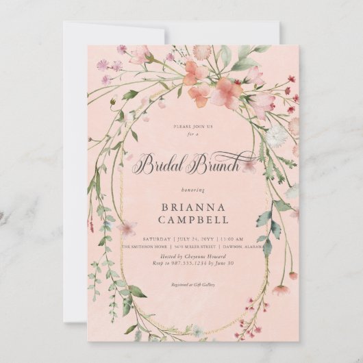 Invitation Brunch nuptial Fleur sauvage rustique rose délicat (Devant)