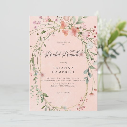 Invitation Brunch nuptial Fleur sauvage rustique rose délicat (Debout devant)
