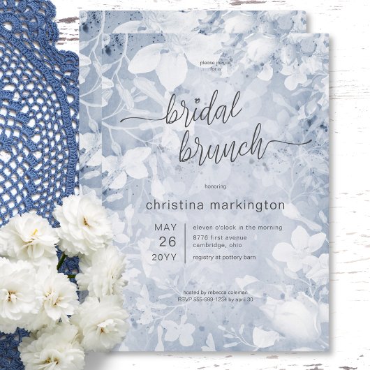 Invitation Brunch nuptial floral moderne bleu et blanc