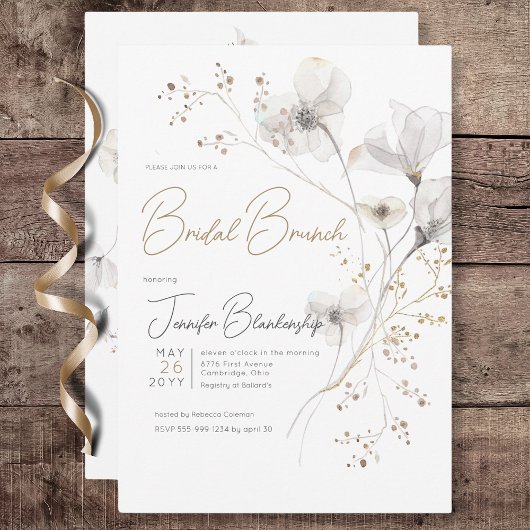 Invitation Brunch nuptial moderne blanc gris et or floral