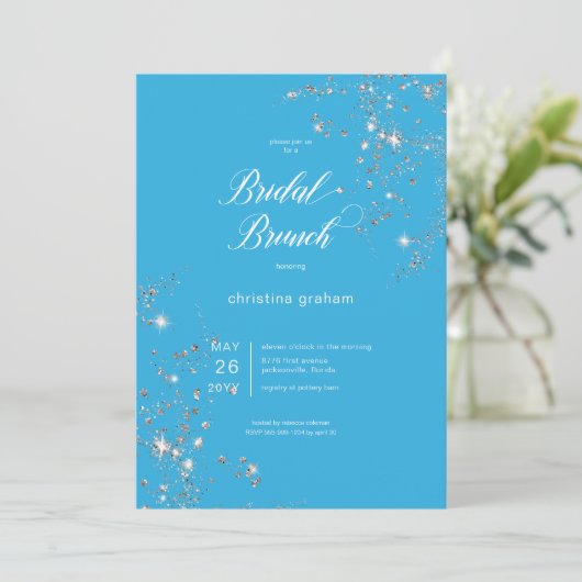 Invitation Brunch nuptial moderne bleu et blanc en diamants d (Debout devant)