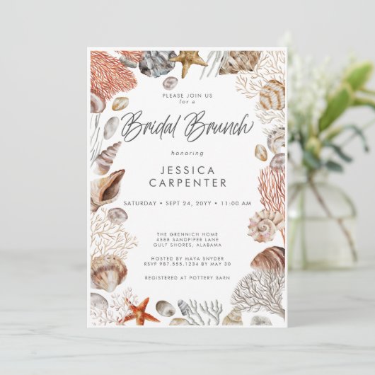 Invitation Brunch nuptial moderne Tropical Seashell Frame (Debout devant)