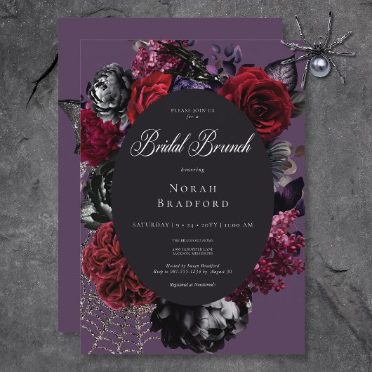 Invitation Brunch nuptial noir d'Halloween Glam Floral violet