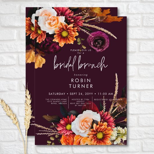 Invitation Brunch nuptial noir rouset boho floral bordeaux
