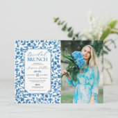 Invitation Brunch nuptial photo bleu & blanc floral ditsy (Debout devant)