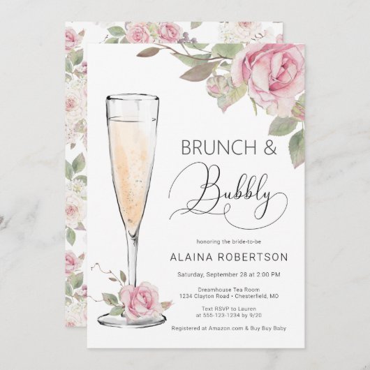 Invitation Brunch nuptial rose et bulbbly Mimosa (Devant / Derrière)