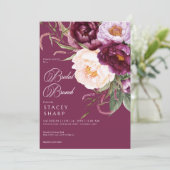 Invitation Brunch nuptial rustique Bourgogne et pivoines rose (Debout devant)