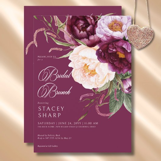 Invitation Brunch nuptial rustique Bourgogne et pivoines rose