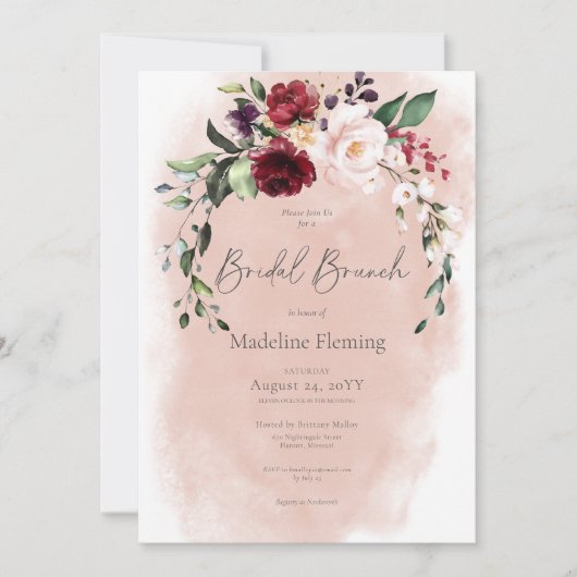 Invitation Brunch nuptial rustique Bourgogne & Roses Roses Ro (Devant)