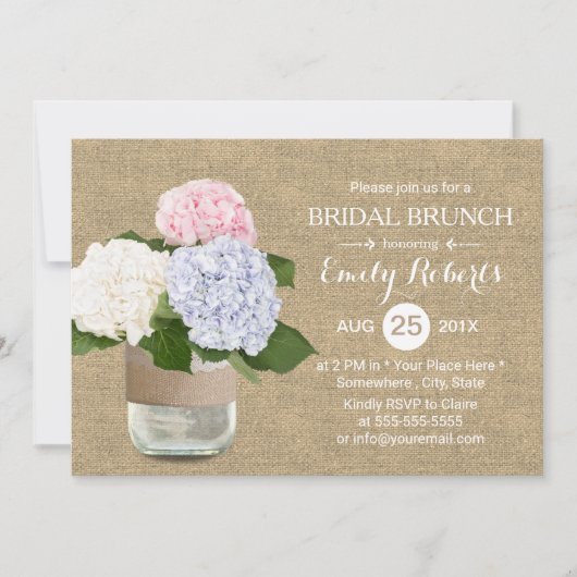 Invitation Brunch nuptial rustique Hydrangea Mason Jar Burlap (Devant)