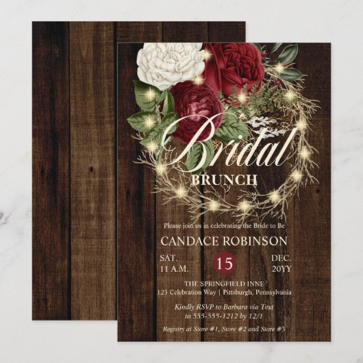 Invitation Brunch nuptial rustique Woodsy Lightsy Wreath (Devant / Derrière)