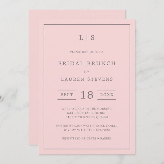 Invitation Brunch nuptial simple rose et gris (Devant / Derrière)