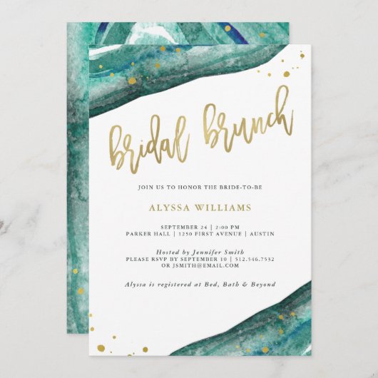 Invitation Brunch nuptial Turquoise et Gold Geode (Devant / Derrière)