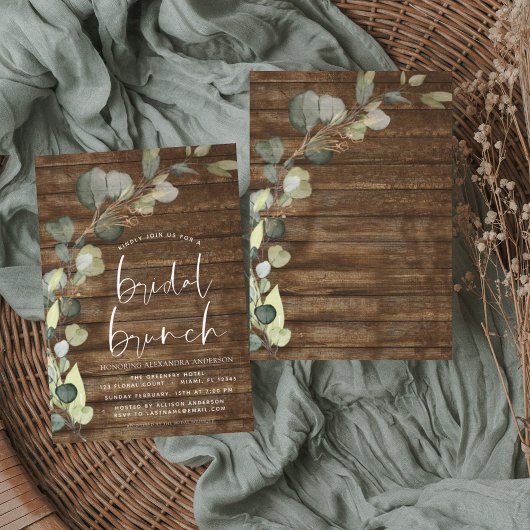 Invitation Brunch nuptial vert Eucalyptus bois rustique