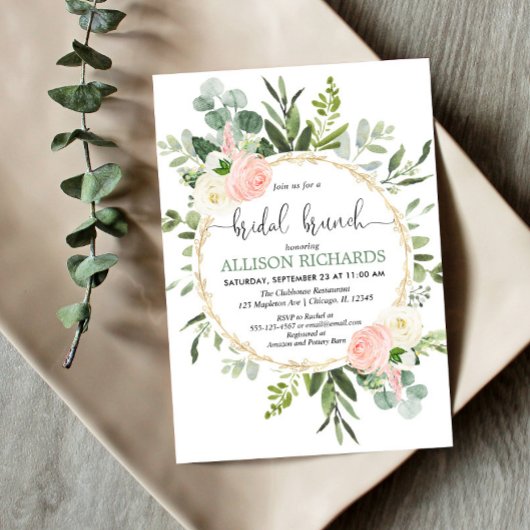 Invitation Brunch nuptial vert or rose eucalyptus floral