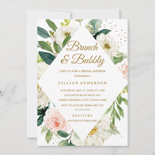 Invitation Brunch Or Rose Floral Et Bubbly (Devant)
