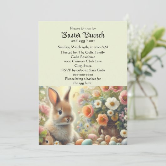 Invitation Brunch pascal jaune pastel avec lapin (Debout devant)