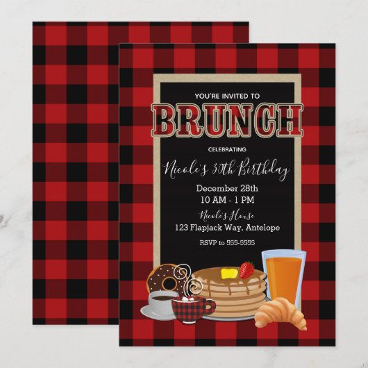 Invitation Brunch Petit Déjeuner Rustique Rouge Noir Carreaux (Devant / Derrière)