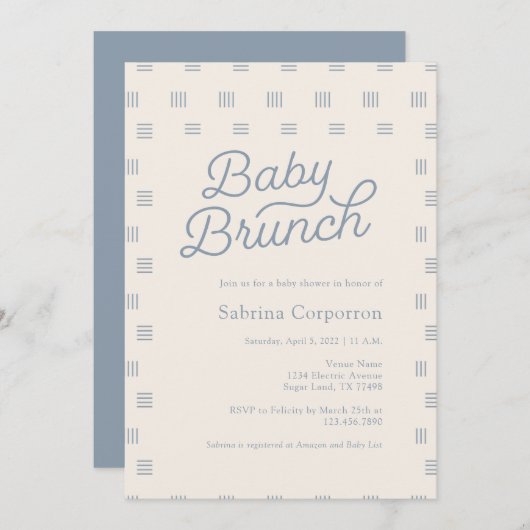 Invitation Brunch pour bébé bleu Dusty | Sage Boho minimalist (Devant / Derrière)