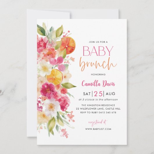 Invitation Brunch pour bébé Citrus, Floral lumineux méditerra (Devant)